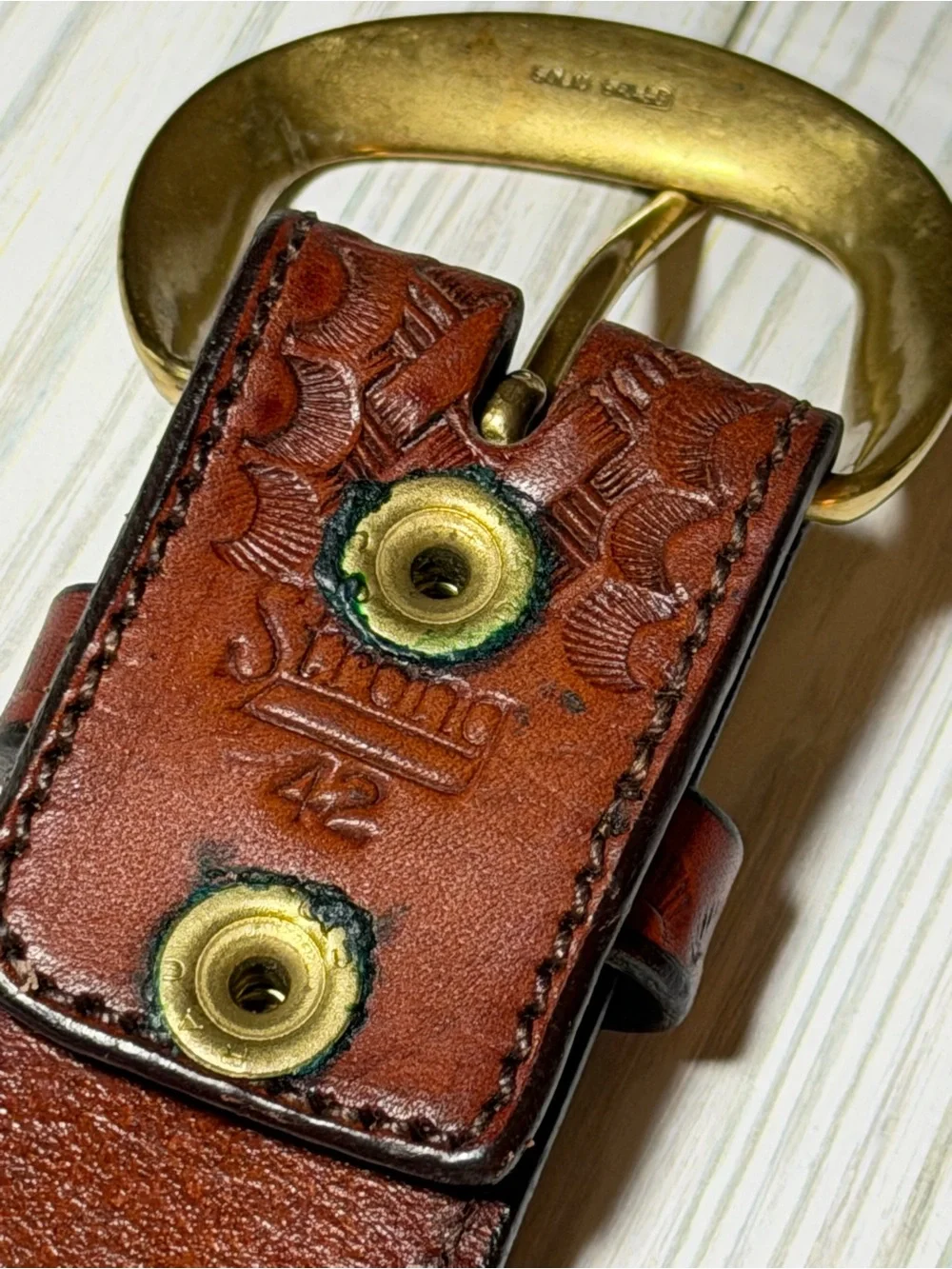 Vintage Strong Tooled Leather Belt 42 Brown Western Brass Buckle USA